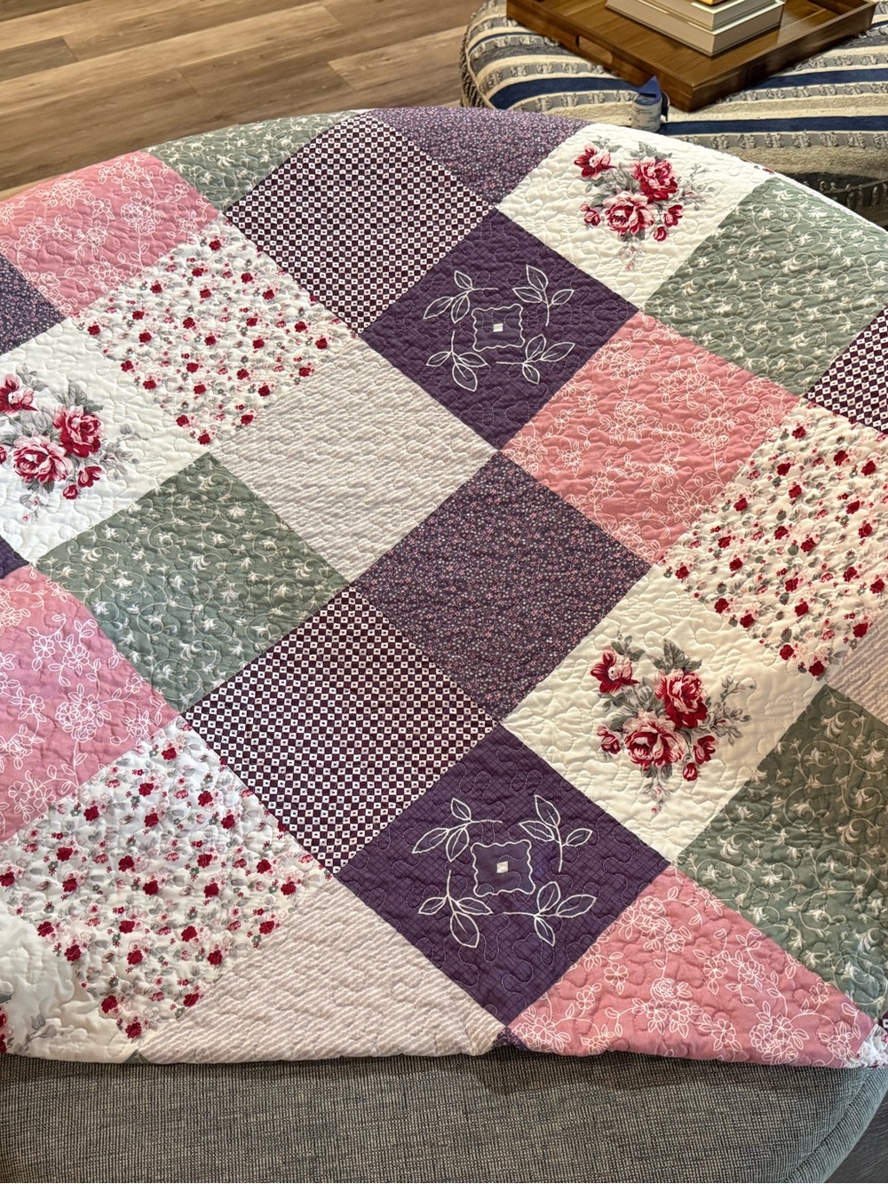 Hand Made Floral Patchwork Quilt - Pink, Purple & Green Queen size 88 x 96